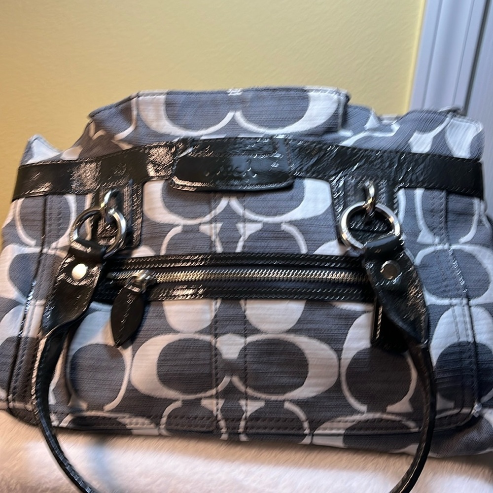 Coach purse, coach logo fabric, gray and white, Silvertone hardware black accent